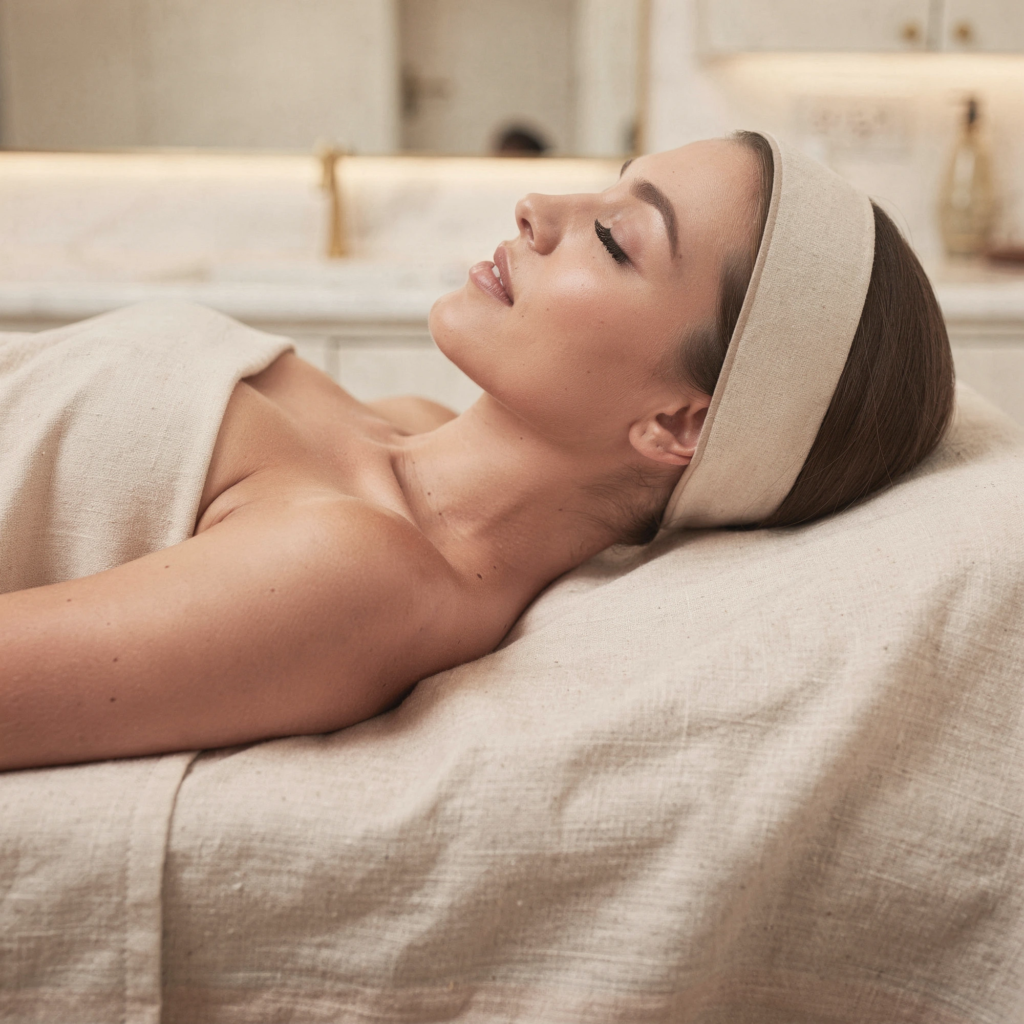 Patient relaxing on treatment bed during microneedling procedure at Natural Beauty Fifth Avenue